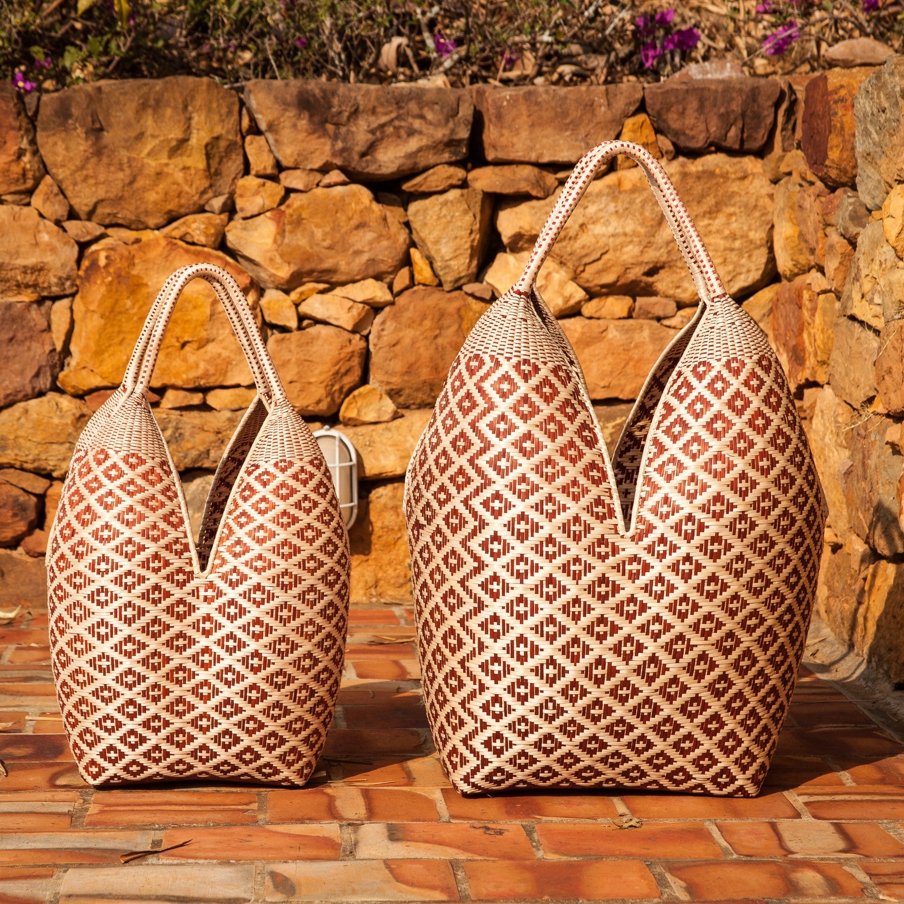 Orange Diamond Design Woven Tote Summer Bag, Handmade Baskets