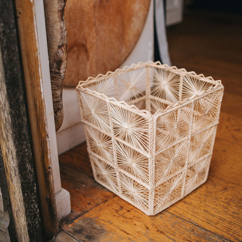Hand Woven Iraca Palm Waste Paper Basket with Frill