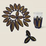 Hand Woven Leaf Spiral Placemats and Napkin Rings Navy Yellow Brown