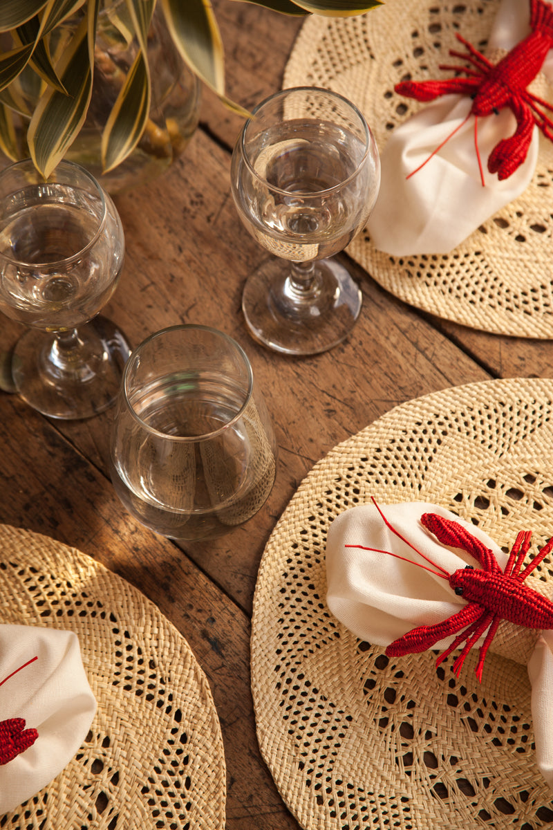 Hand Woven Lobster Napkin Rings and Cream Woven Placemats