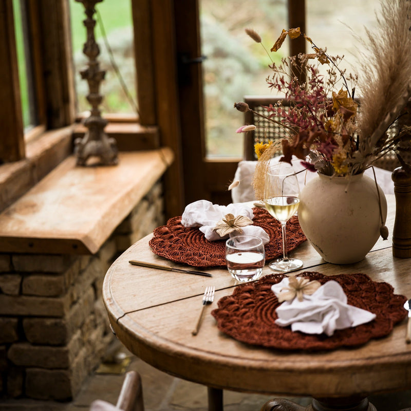 Hand Woven Crochet Scalloped Placemats & Orchid Flower Napkin Rings