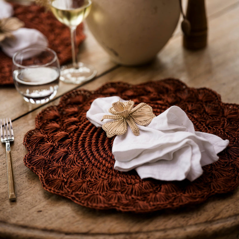 Hand Woven Crochet Scalloped Placemats & Orchid Flower Napkin Rings