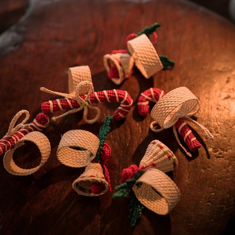 Hand Woven Christmas Bell  & Candy Cane Napkin rings