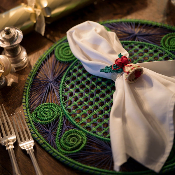 Two Tone Hand Woven Artisan Placemats & Hand Woven Christmas Bell Napkin Rings