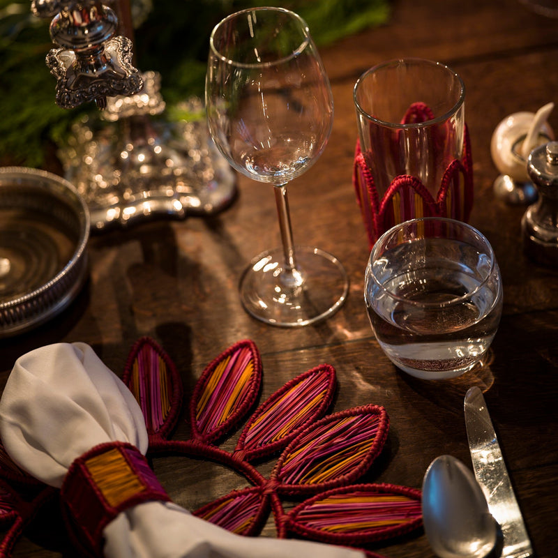 Hand Woven Collagerie Leaf Striped Placemats, Woven Striped Napkin Rings and Woven Striped Glasses with Holder