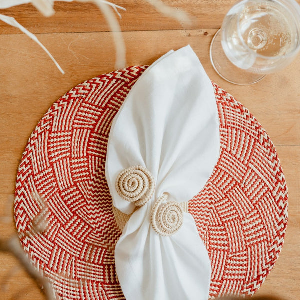 Red Hand Woven Artisan Placemat & Hand Woven Spiral Napkin Ring